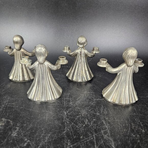 Italian Figural Child Mini Candle Holders Set of 4 Twin Arm Silver Tone Metal 3" - Picture 7 of 16